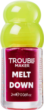 Trouble Maker Melt Down lip oil, Tipping Point Purple shade, clear bottle with neon green cap, 2ml, front view.