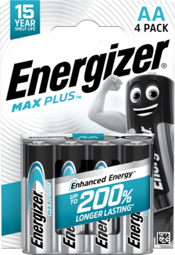 Blister Energizer Max Plus AA, 4 sztuki, biało-niebieski design z hasłem 200% dłużej działają, 15 lat trwałości.