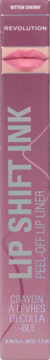 Pionowe różowo-fioletowe opakowanie Revolution Lip Shift Ink Peel Off Lipliner Bitten Cherry z ustami.