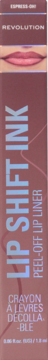 Pionowe opakowanie Revolution Lip Shift Ink Peel Off Lipliner Espress-oh! w kolorze brązowo-różowym, z jasnym tekstem.