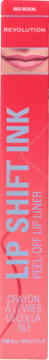 Czerwone opakowanie konturówki Revolution Lip Shift Ink Red Reveal, z błękitnym napisem i ustami u góry, widok z przodu.
