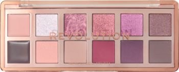 Paleta Revolution Rich Berry w różowo-złotym etui, 12 matowych i błyszczących cieni w odcieniach jagód i brązu, widok z góry.