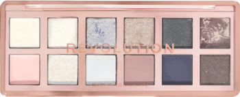 Otwarta paleta cieni Revolution Ethereal Nudes z 12 kremowymi, matowymi i błyszczącymi cieniami w różowo-złotym opakowaniu.