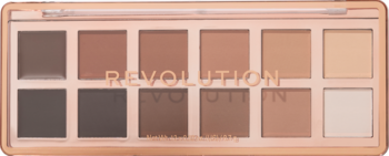 Paleta Revolution Nudes, 12 neutralnych cieni beżowo-brązowych. Różowozłote opakowanie, napis REVOLUTION. Widok z góry.