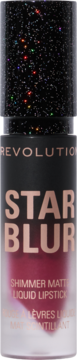 Revolution Star Blur Crimson Envy, płynna szminka shimmer matte, czarna butelka z brokatową nakrętką, karmazynowy odcień.