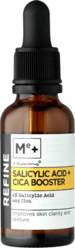 Superdrug Me+ Salicylic Acid + Cica Booster serum w bursztynowej butelce z zakraplaczem, widok z przodu.