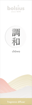 Opakowanie dyfuzora Bolsius Chowa, białe, z japońskimi znakami i falistym wzorem w pastelach, przód.