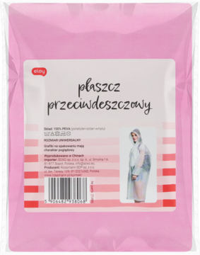 Różowy płaszcz przeciwdeszczowy Eloy w zapieczętowanym opakowaniu foliowym z etykietą i rysunkiem modelki.