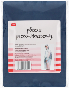 Granatowy płaszcz przeciwdeszczowy Eloy w zapieczętowanej, ciemnoniebieskiej folii z białym opisem.