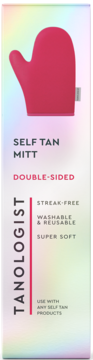 Różowa, dwustronna rękawica Tanologist do samoopalacza, z napisami: super miękka, bez smug, wielokrotnego użytku.