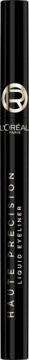 Czarny eyeliner w płynie L'Oréal Haute Precision z precyzyjną końcówką, metaliczne opakowanie, widok z przodu.