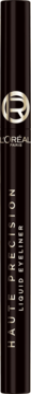 Czarny L'Oréal Haute Precision Liquid Eyeliner w smukłym opakowaniu ze złotymi detalami, pionowy napis do precyzyjnej kreski.