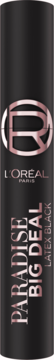 Tusz L'Oréal Paradise Big Deal Latex Black w czarnej tubie z różowo-złotymi napisami, widok z przodu.