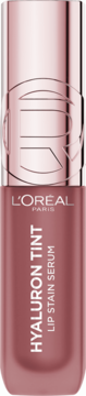 Różowy L'Oréal Paris Hyaluron Tint Lip Stain Serum, butelka z matowego szkła, błyszcząca rose gold nakrętka, frontalny widok.