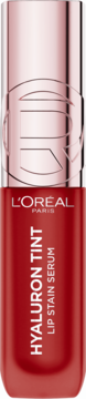 Koloryzujące serum do ust L'Oréal Paris Hyaluron Tint w czerwonej butelce z metalową nakrętką, przód.