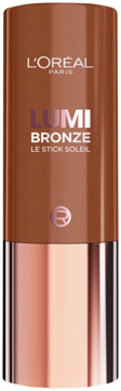 L'Oréal Paris Lumi Bronze rozświetlający bronzer w sztyfcie, brązowy z różowo-złotą bazą, widok z przodu.