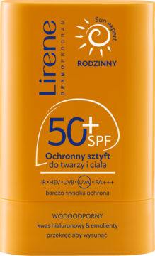 Pomarańczowy rodzinny sztyft Lirene SPF 50+ do twarzy i ciała, wodoodporny, bardzo wysoka ochrona. Z przodu.