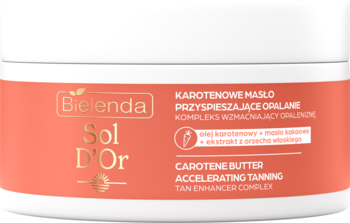 Masło karotenowe Bielenda Sol D'Or przyspieszające opalanie, w okrągłym biało-pomarańczowym słoiku, z przodu.
