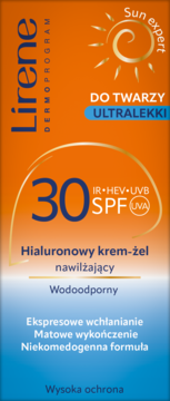 Lirene Sun Expert krem-żel SPF30 nawilżający do twarzy w pomarańczowo-niebieskim opakowaniu, widok z przodu.