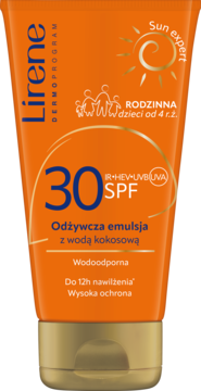Pomarańczowa tuba Lirene Sun Expert 30 SPF, odżywcza emulsja do opalania z wodą kokosową, wodoodporna, dla rodziny.