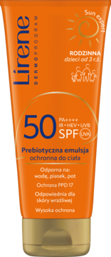 Lirene Sun Expert SPF 50 emulsja ochronna dla rodziny, pomarańczowa tuba, do skóry wrażliwej, widok z przodu.