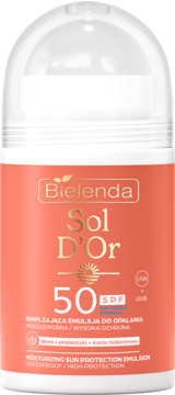 Bielenda Sol D'Or SPF 50 emulsja nawilżająca z kwasem hialuronowym. Koralowa butelka z przezroczystą zakrętką, widok z przodu.