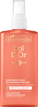 Bielenda Sol D'Or karotenowy przyspieszacz opalania, pomarańczowa butelka z białym spryskiwaczem. Widok z przodu.