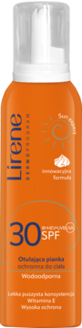 Lirene Dermoprogram pianka ochronna do ciała SPF 30, wodoodporna, pomarańczowa butelka, widok z przodu.
