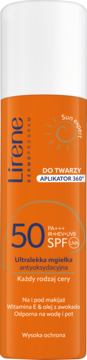 Lirene Sun Expert ultralekka mgiełka do twarzy SPF 50, pomarańczowa butelka z białym korkiem, widok z przodu.