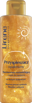 Lirene Karotenowy rozświetlający olejek do opalania z błyszczącymi złotymi drobinkami, widok z przodu.