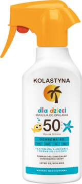 Kolastyna emulsja do opalania dla dzieci SPF 50, biała butelka z pomarańczowym spryskiwaczem, z przodu.