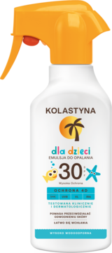Biały spray Kolastyna dla dzieci SPF 30, emulsja do opalania z pomarańczową nakrętką, wysoka ochrona 4D.