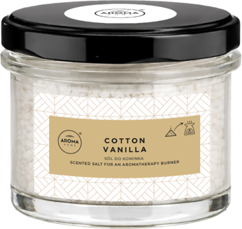 Sól zapachowa Cotton Vanilla w szklanym słoiku Aroma Home z czarną pokrywką, beżowa etykieta, widok z przodu.