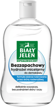Biały Jeleń Bezzapachowy hydrożel micelarny w przezroczystej butelce, zielone logo jelenia, widok z przodu.