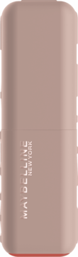 Szminka Maybelline New York w jasnobrązowym opakowaniu z napisem, widoczny koralowy odcień u podstawy.