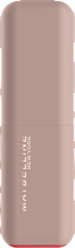 Matowa szminka Maybelline New York Maybe It's w beżowej tubce, z widocznym odcieniem coral na dole.