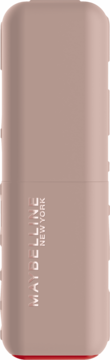 Szminka Maybelline New York w matowej, beżowej tubce z pionowym logo. Widok z przodu, czerwony detal u podstawy.