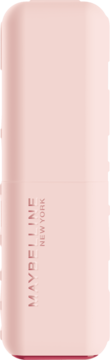 Różowa szminka Maybelline New York w prostokątnym sztyfcie, pionowo, z logo i widocznym czerwonym pigmentem.