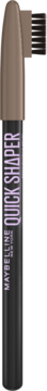 Maybelline Quick Shaper, brązowa kredka do stylizacji brwi ze szczoteczką, czarna z fioletowym napisem, z przodu.