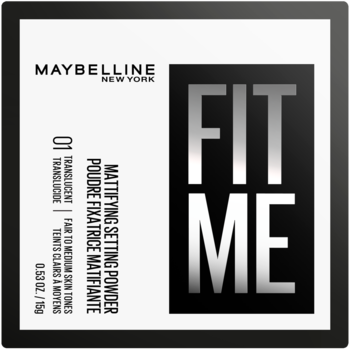 Maybelline Fit Me Mattifying Setting Powder 01 Translucent, czarno-białe opakowanie z napisem FIT ME, widok z góry.