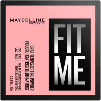 Maybelline Fit Me rozświetlający puder utrwalający, odcień 02 Pink, różowo-czarne opakowanie, widok z przodu.