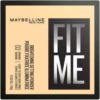 Maybelline Fit Me Banana Brightening Setting Powder w beżowo-czarnym opakowaniu, widok z przodu lekko pod kątem.