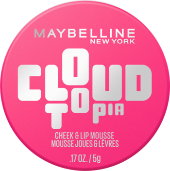 Maybelline Cloudtopia róż w musie, intensywnie różowe, okrągłe opakowanie z napisem CLOUD TOPIA.
