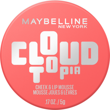 Maybelline Cloudtopia Cheek & Lip Mousse w okrągłym koralowym opakowaniu, z logo i nazwą na wieczku.