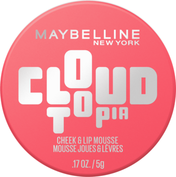 Maybelline Cloudtopia Cheek & Lip Mousse, okrągłe, koralowe opakowanie z metalicznym logo CLOUDTOPIA na froncie.