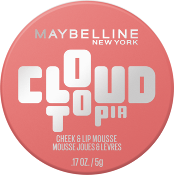 Maybelline Cloudtopia Cheek & Lip Mousse w okrągłym, brzoskwiniowym opakowaniu ze srebrnym napisem, widok z góry.