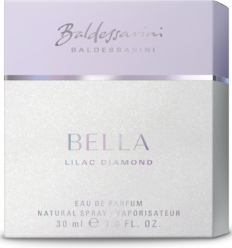 Białe pudełko Baldessarini Bella Lilac Diamond Eau de Parfum z lawendowym paskiem u góry i holograficznym napisem, frontalne ujęcie.