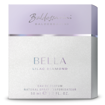Biało-fioletowe pudełko Baldessarini Bella Lilac Diamond Eau de Parfum 50 ml, widok z przodu, lśniąca faktura.