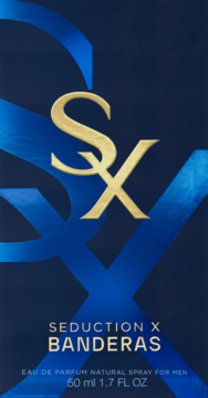 SEDUCTION X BANDERAS, męska woda perfumowana, granatowe opakowanie ze złotym S i niebieskim X, widok z przodu.