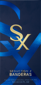 Granatowe pudełko Seduction X Banderas z błyszczącym złotym i niebieskim logo SX, męska woda perfumowana, widok z przodu.